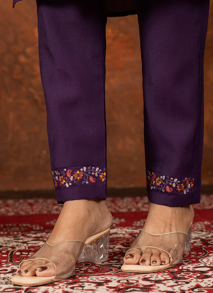 Wine Embroidered Silk Kurta Set For Ceremonial