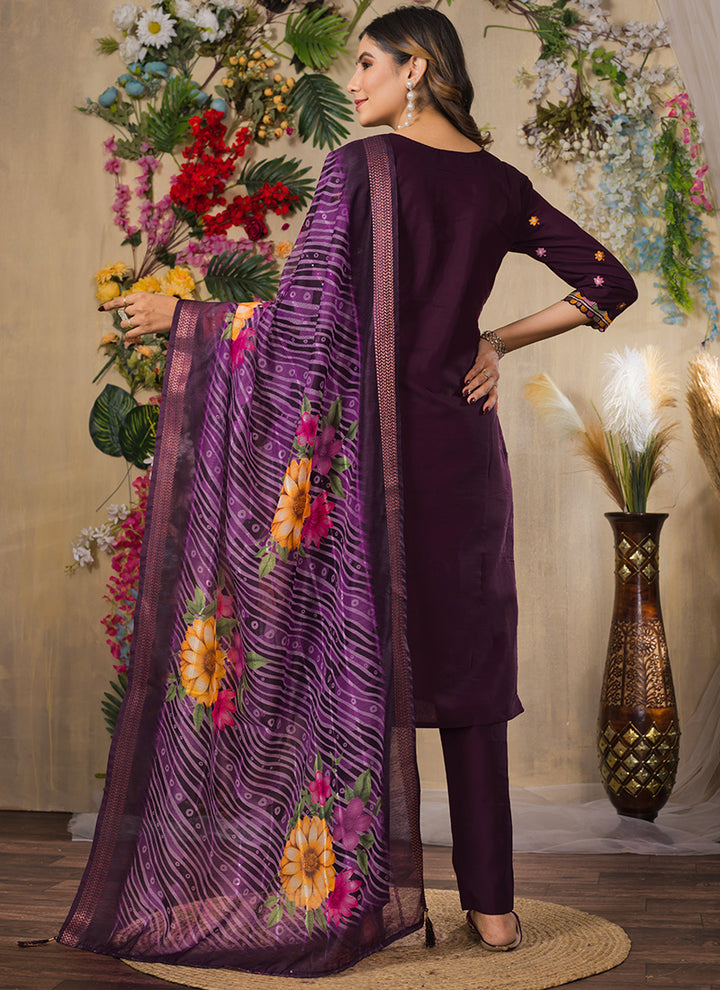 Wine Roman Silk Mirror Enhanced Kurta Set For Festive