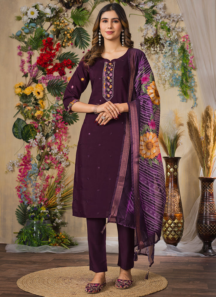 Wine Roman Silk Mirror Enhanced Kurta Set For Festive