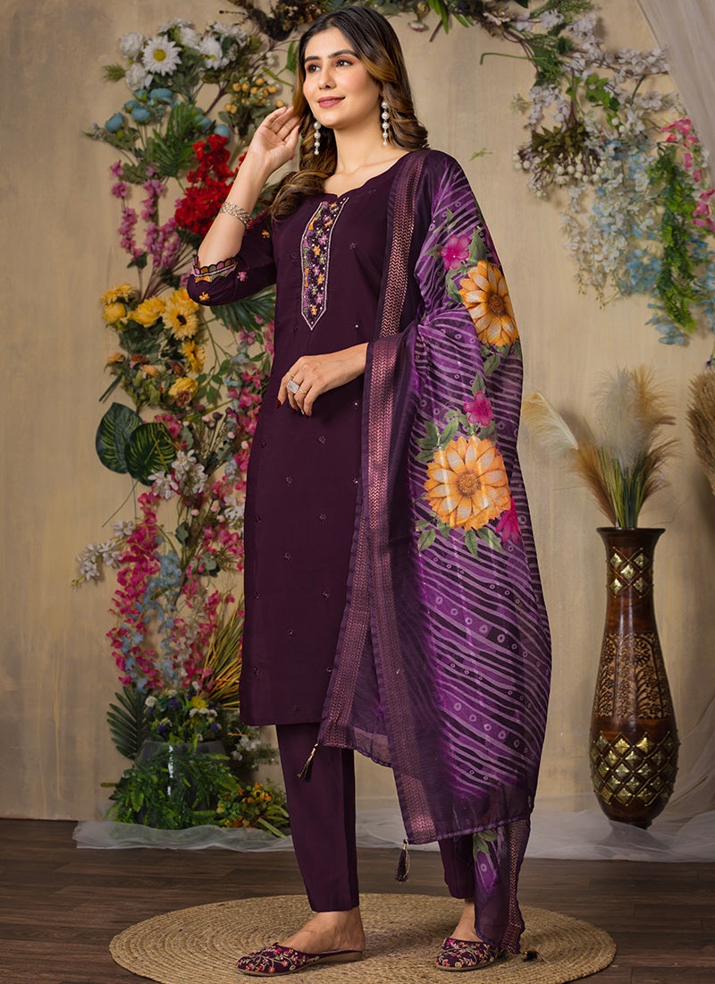 Wine Roman Silk Mirror Enhanced Kurta Set For Festive