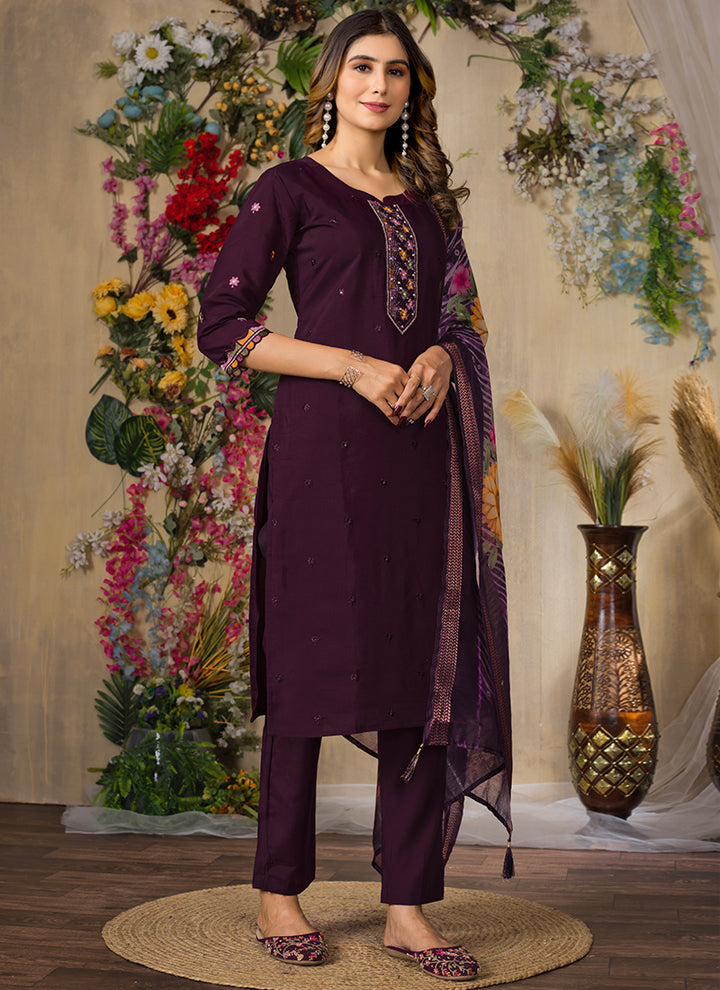 Wine Roman Silk Mirror Enhanced Kurta Set For Festive