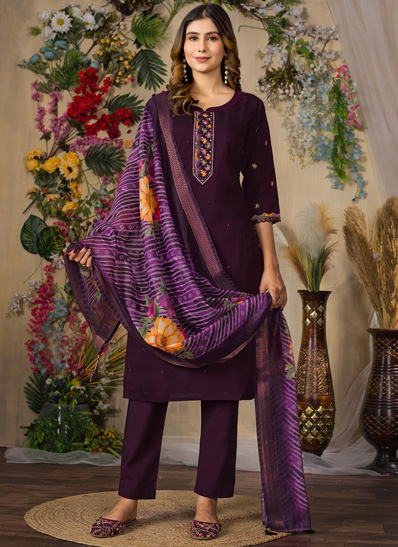 Wine Roman Silk Mirror Enhanced Kurta Set For Festive