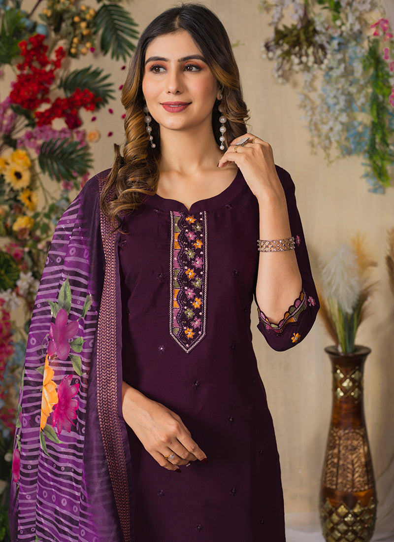 Wine Roman Silk Mirror Enhanced Kurta Set For Festive