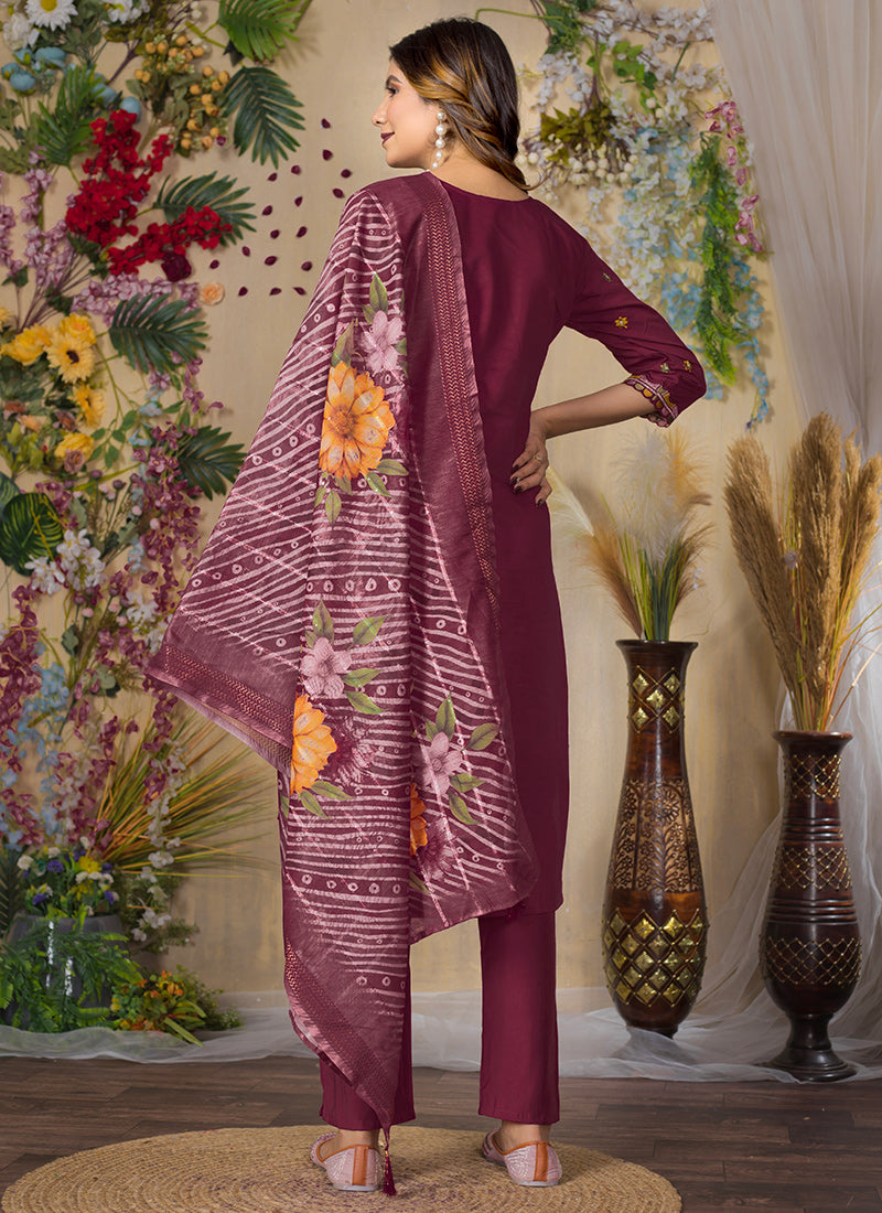 Maroon Roman Silk Mirror Enhanced Salwar Set