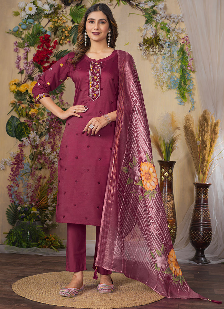 Maroon Roman Silk Mirror Enhanced Salwar Set