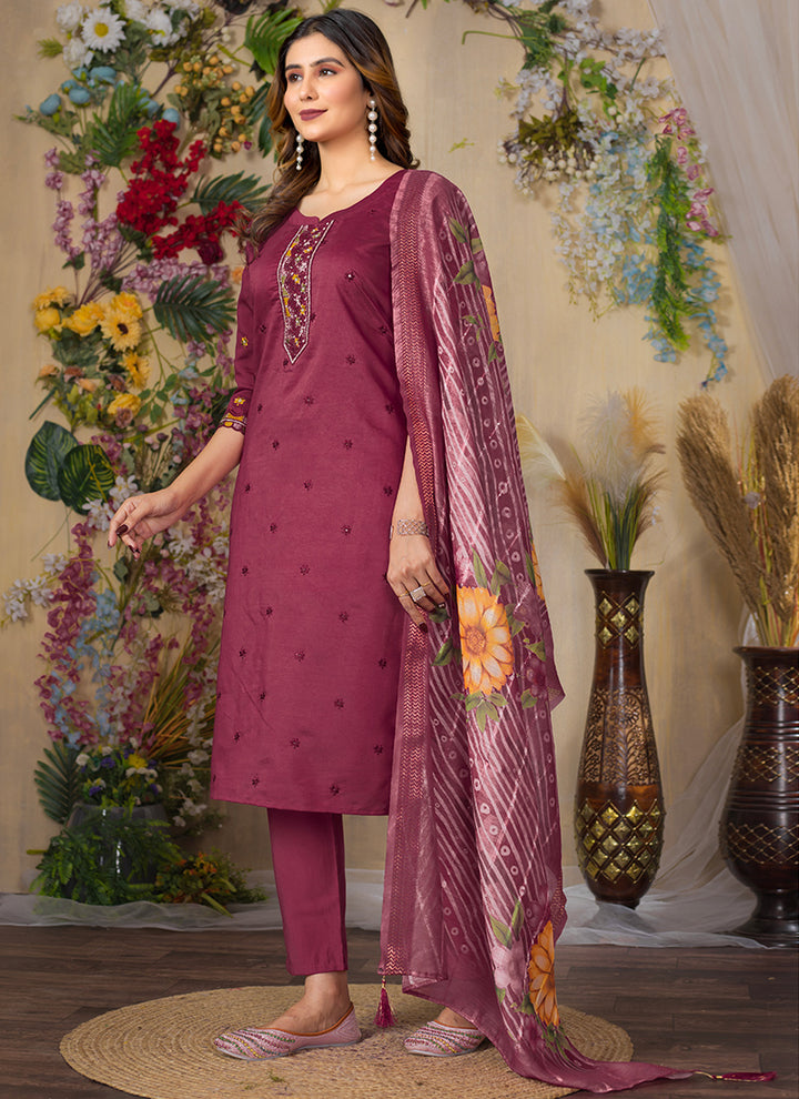 Maroon Roman Silk Mirror Enhanced Salwar Set