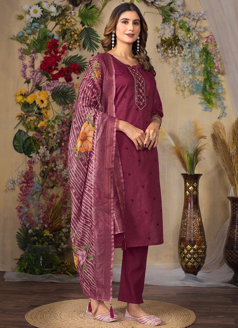 Maroon Roman Silk Mirror Enhanced Salwar Set