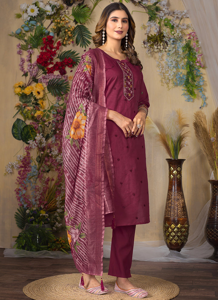 Maroon Roman Silk Mirror Enhanced Salwar Set