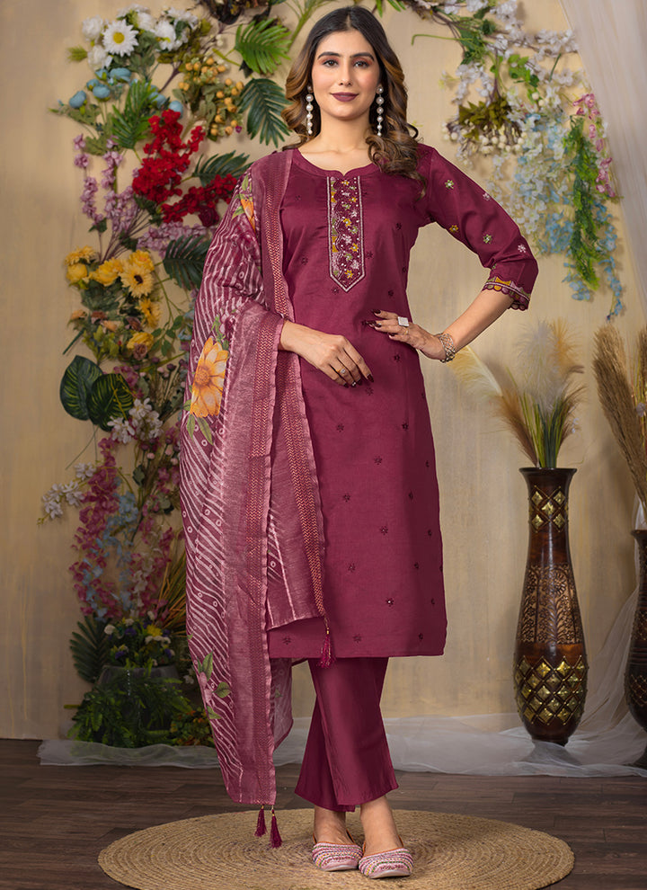 Maroon Roman Silk Mirror Enhanced Salwar Set