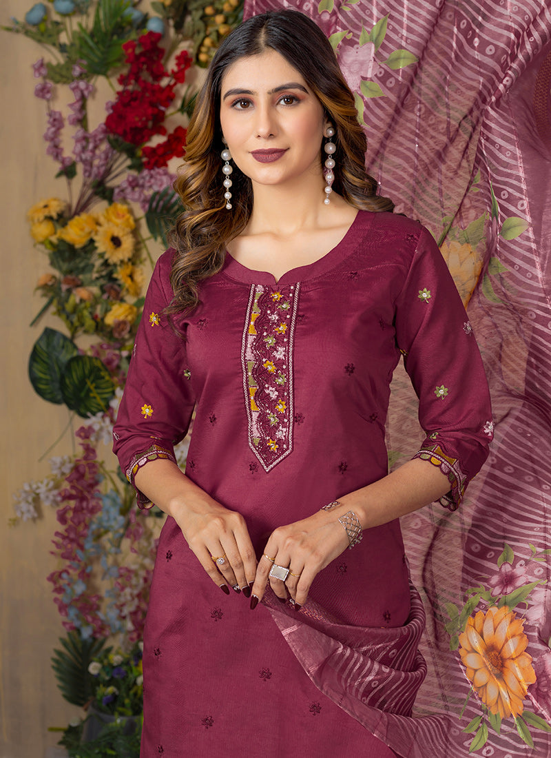 Maroon Roman Silk Mirror Enhanced Salwar Set