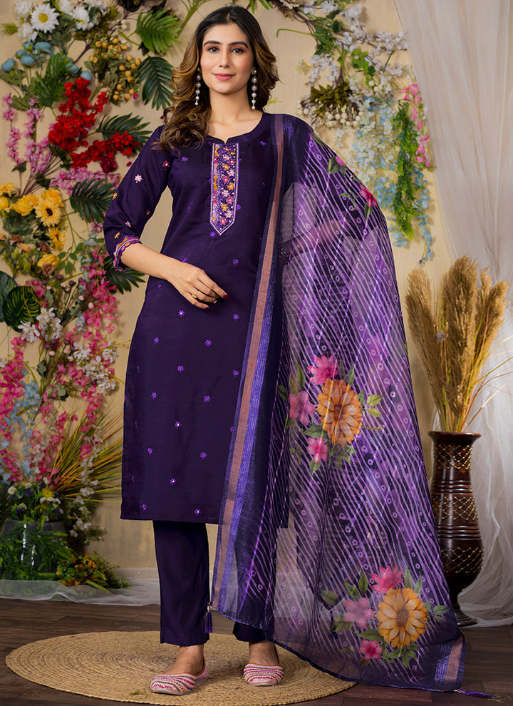 Purple Mirror Enhanced Roman Silk Salwar Set
