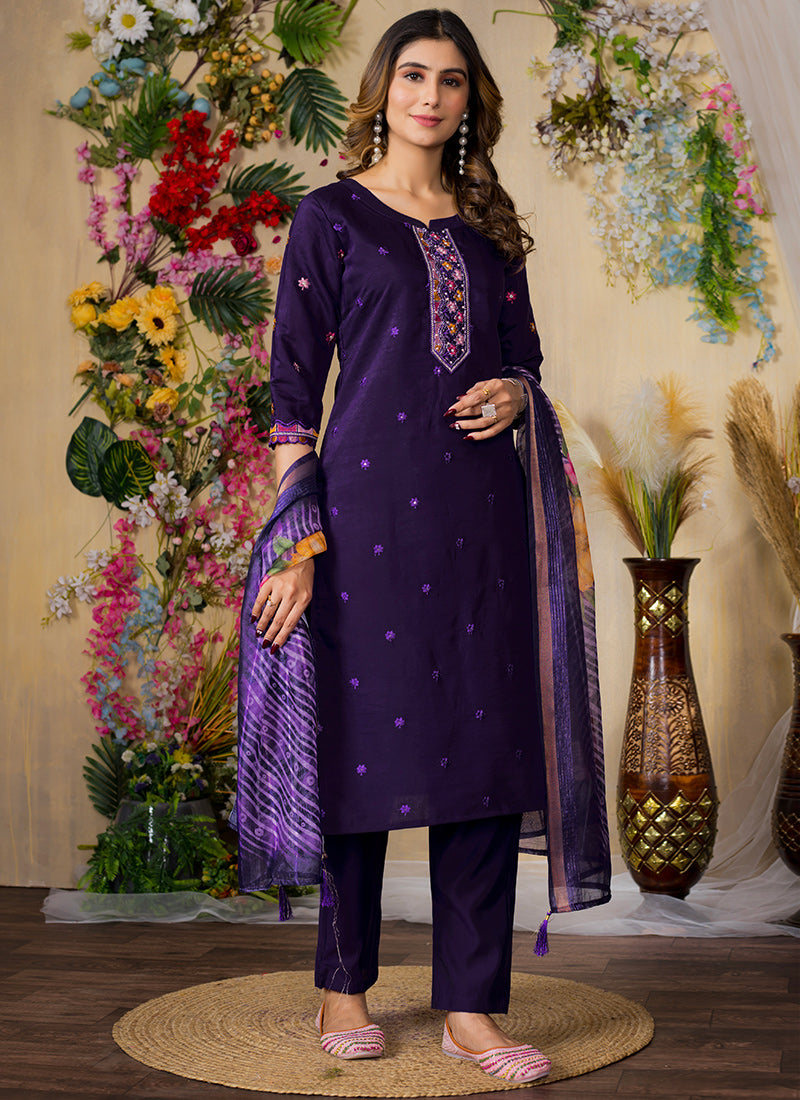 Purple Mirror Enhanced Roman Silk Salwar Set