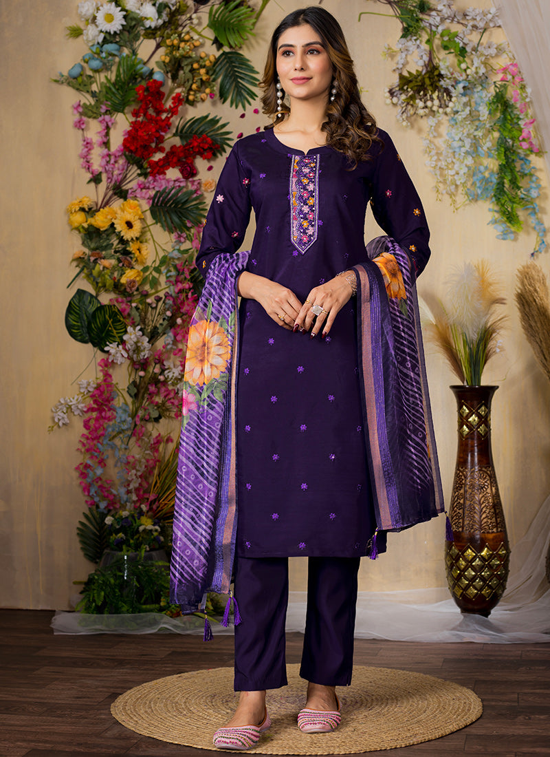 Purple Mirror Enhanced Roman Silk Salwar Set
