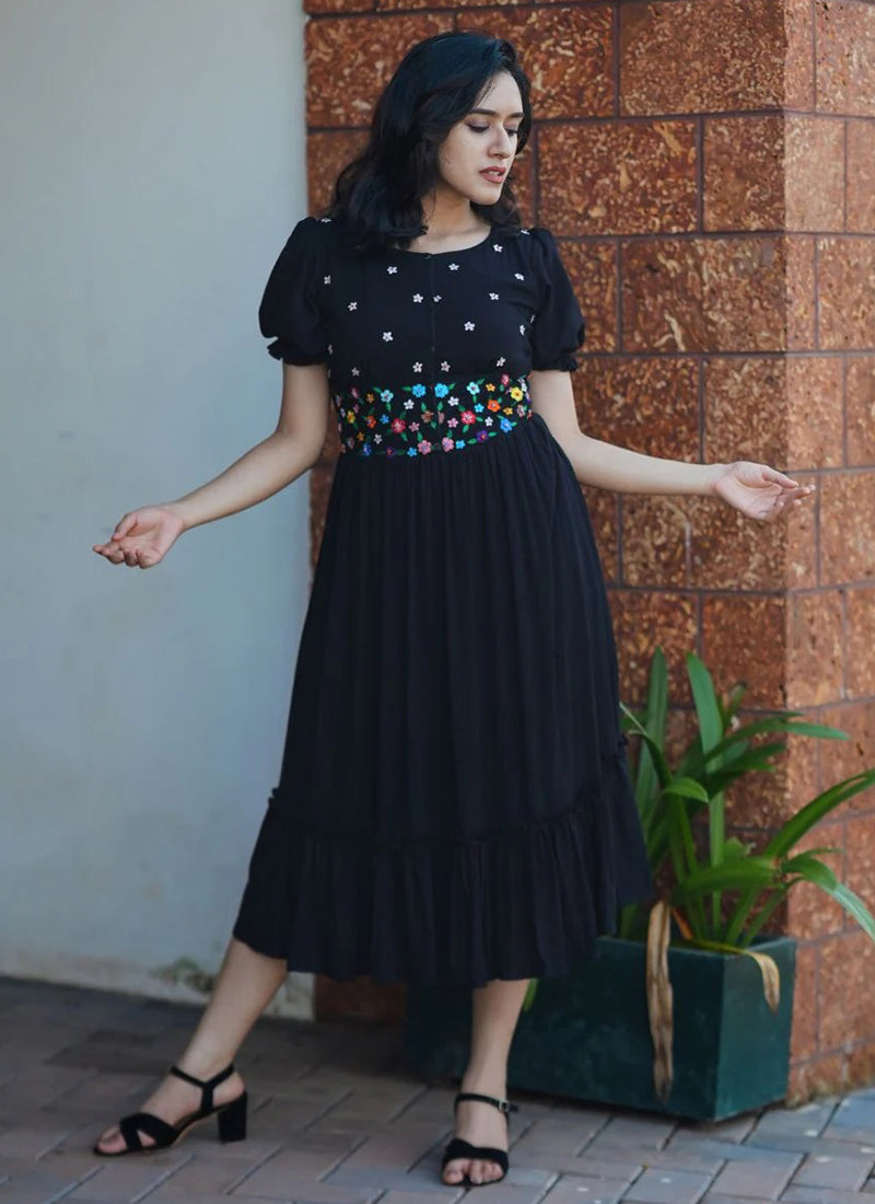 Black Rayon Embroidered Party Wear Dress