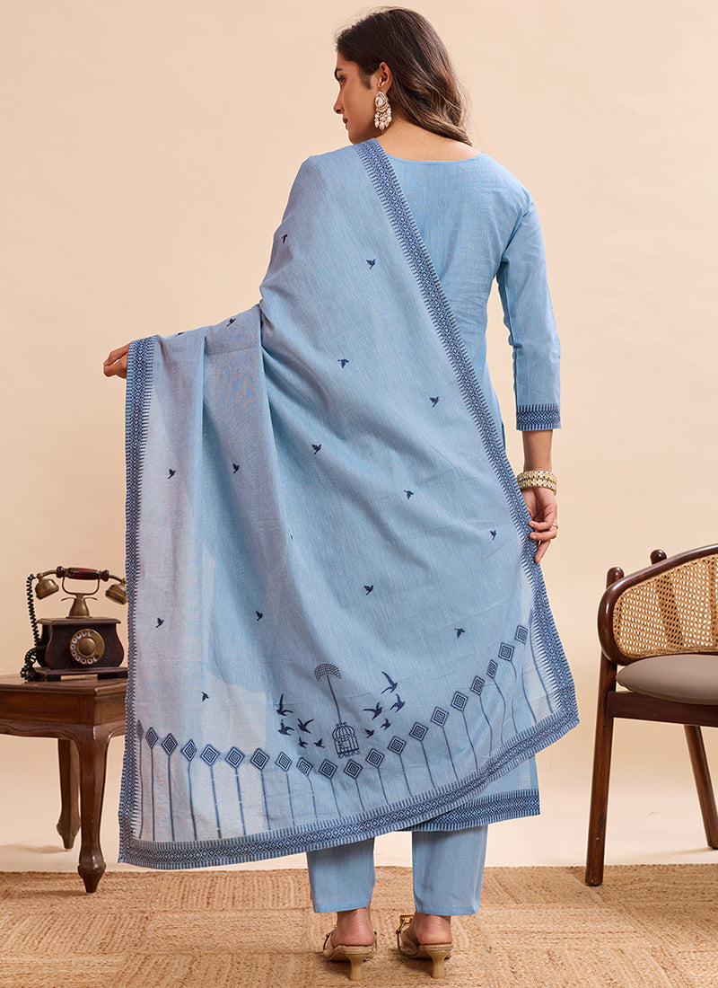 Sky Blue Pure Cotton Jacquard Festive Kurta Set
