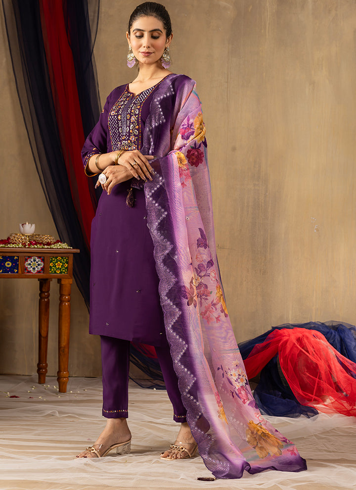 Purple Roman Silk Thread Work Salwar Set For Ceremonial