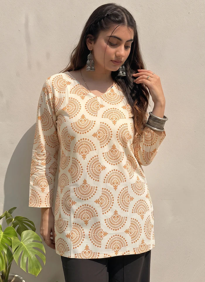 Off White Cotton Printed V Neck Office Wear Kurti