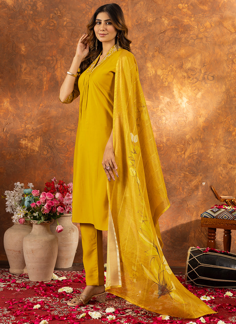 Mustard Yellow Roman Silk Embroidered Kurta Set For Haldi