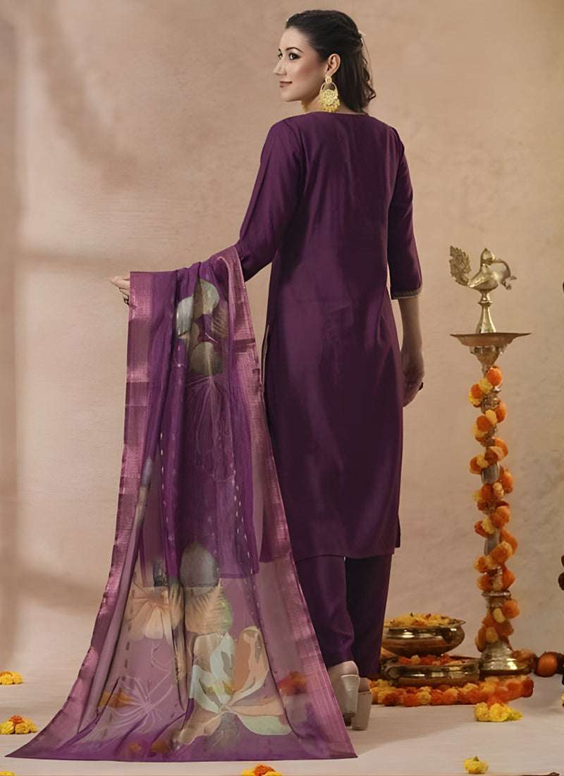 Wine Embroidered Cottton Straight Kurta Set