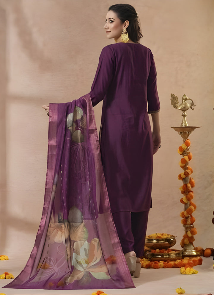 Wine Embroidered Cottton Straight Kurta Set