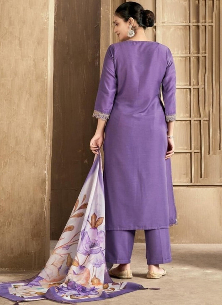 Deep Lavender Embroidered Rayon Straight Kurta Set