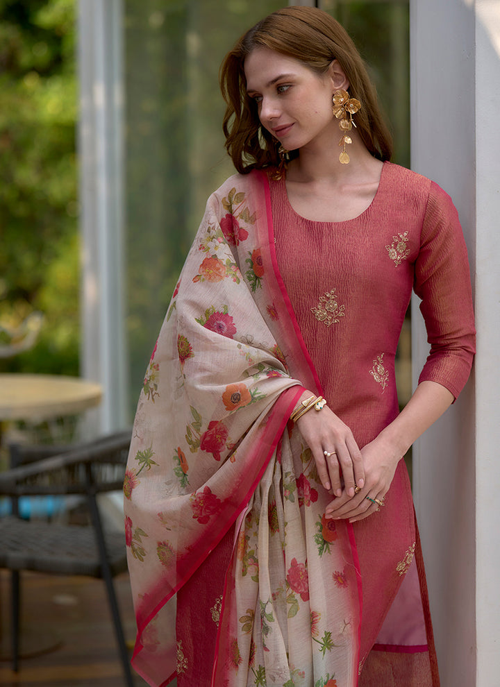 Red Tissue Kurta With Trouser And Dupatta