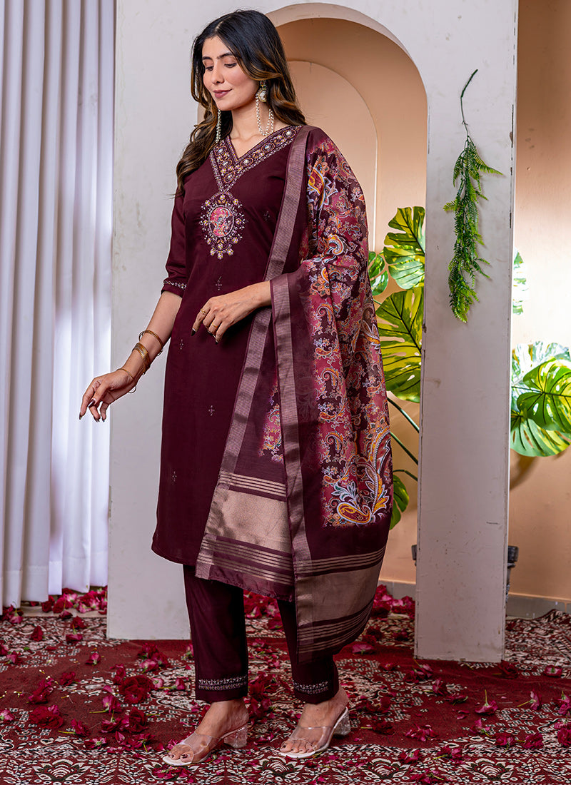 Wine Viscose Silk Embroidered V-Neck Salwar Suit