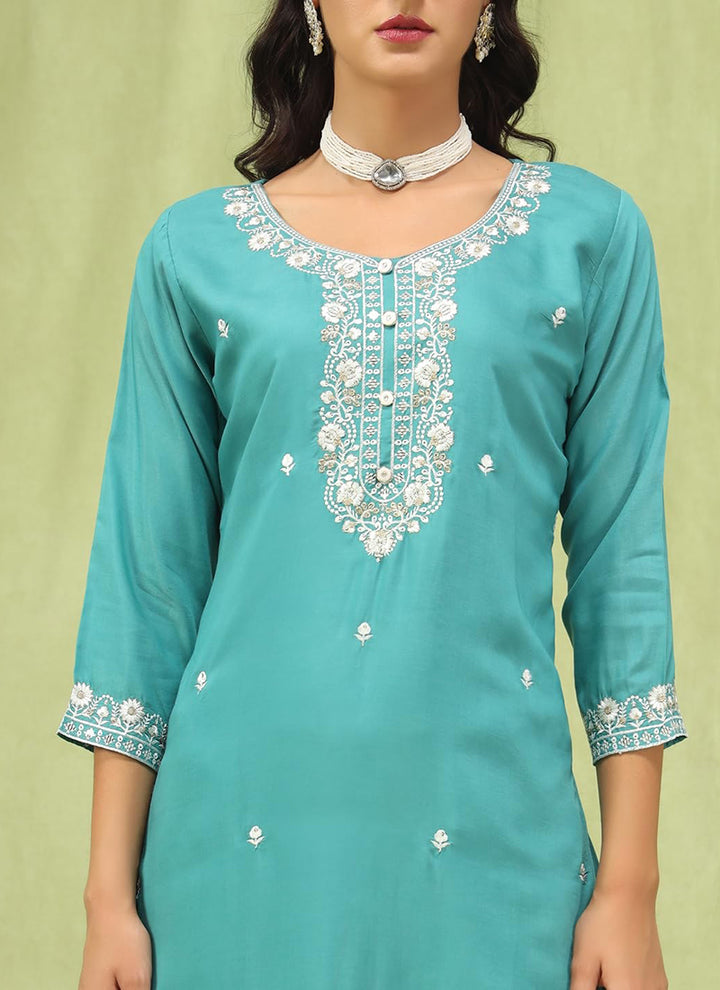Rama Chanderi Cotton Embroidered Festive Kurta Set