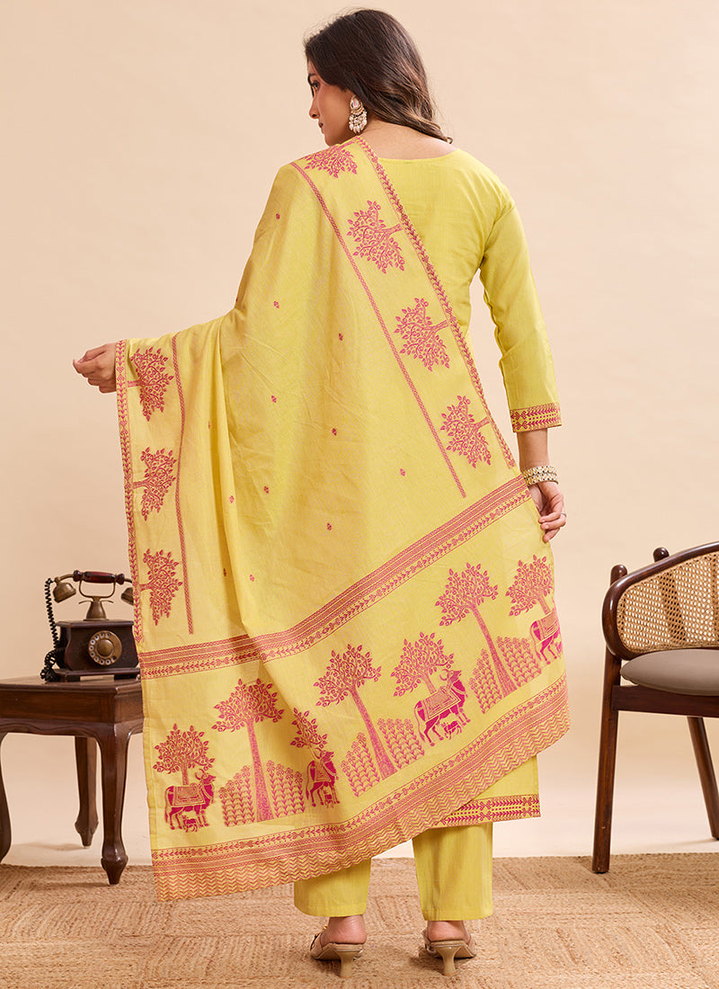 Yellow Pure Cotton Jacquard Haldi Kurta Set
