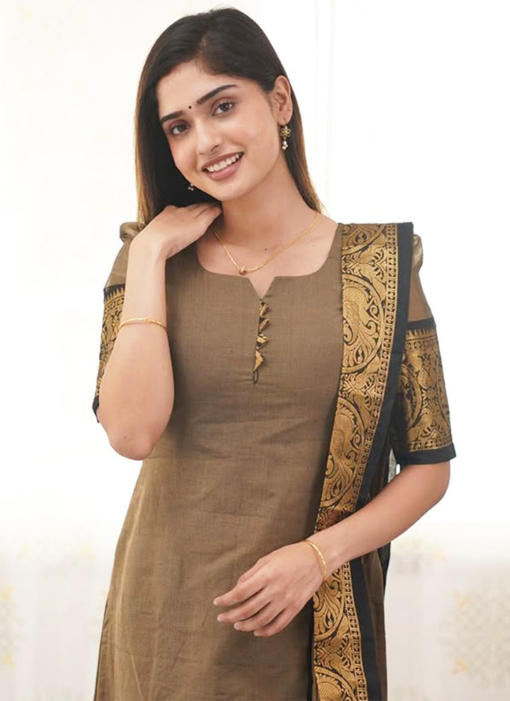 Brown Kanchi Cotton Woven Kurta And Dupatta For Casual Wear
