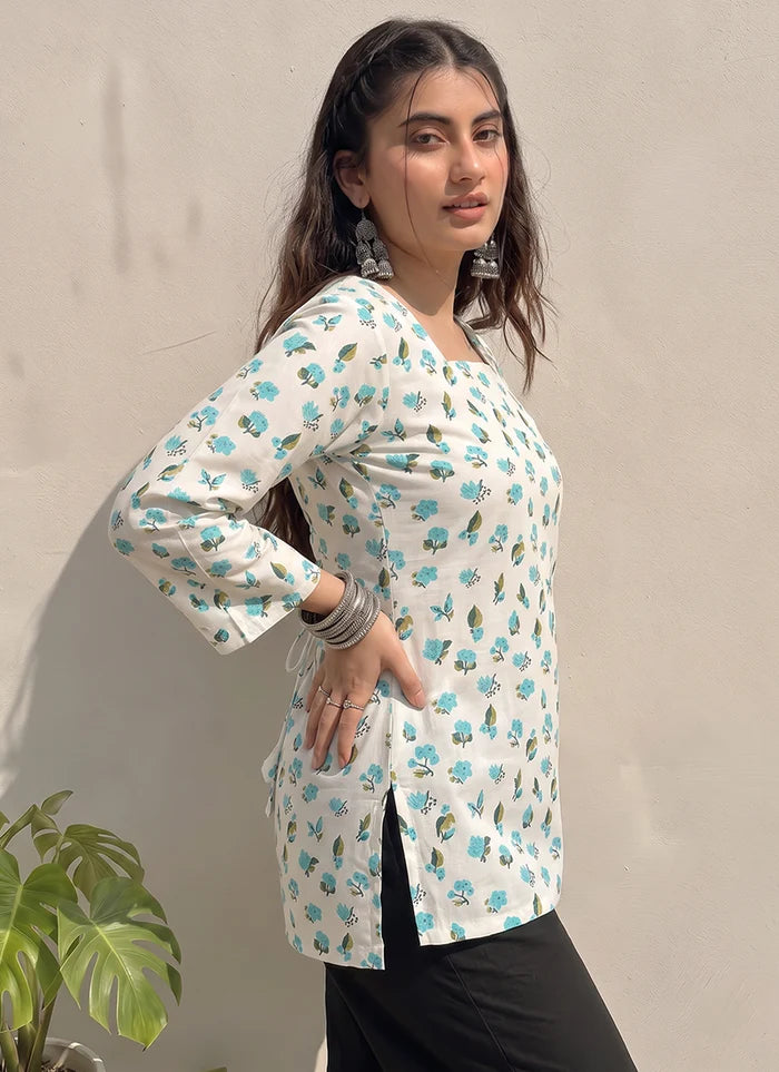 Off White Cotton Printed Office Wear Kurti