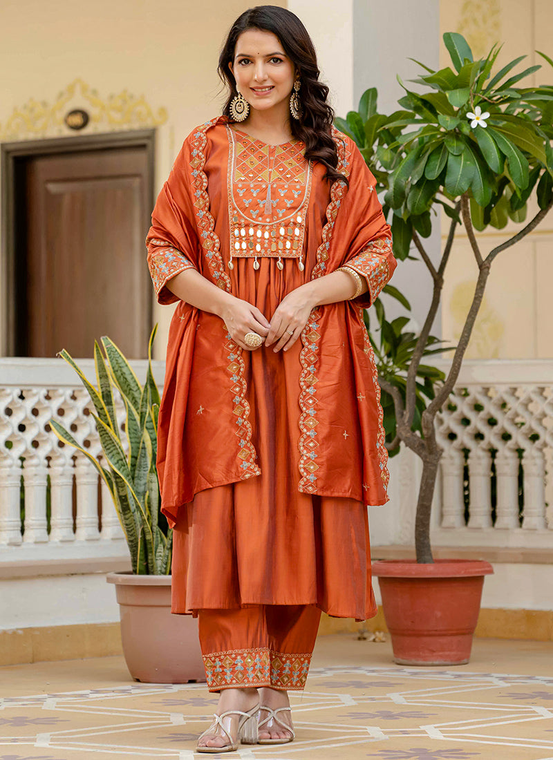 Orange Viscose Roman Silk Layered Kurta Set