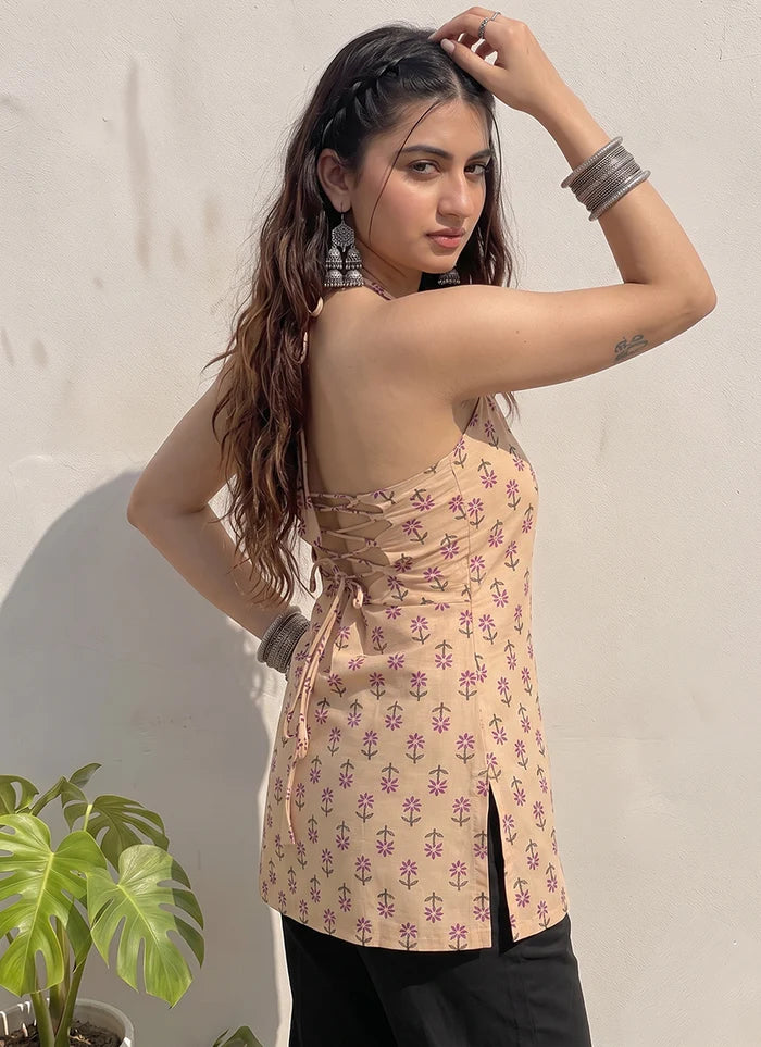 Peach Cotton Printed Sleeveless Kurti