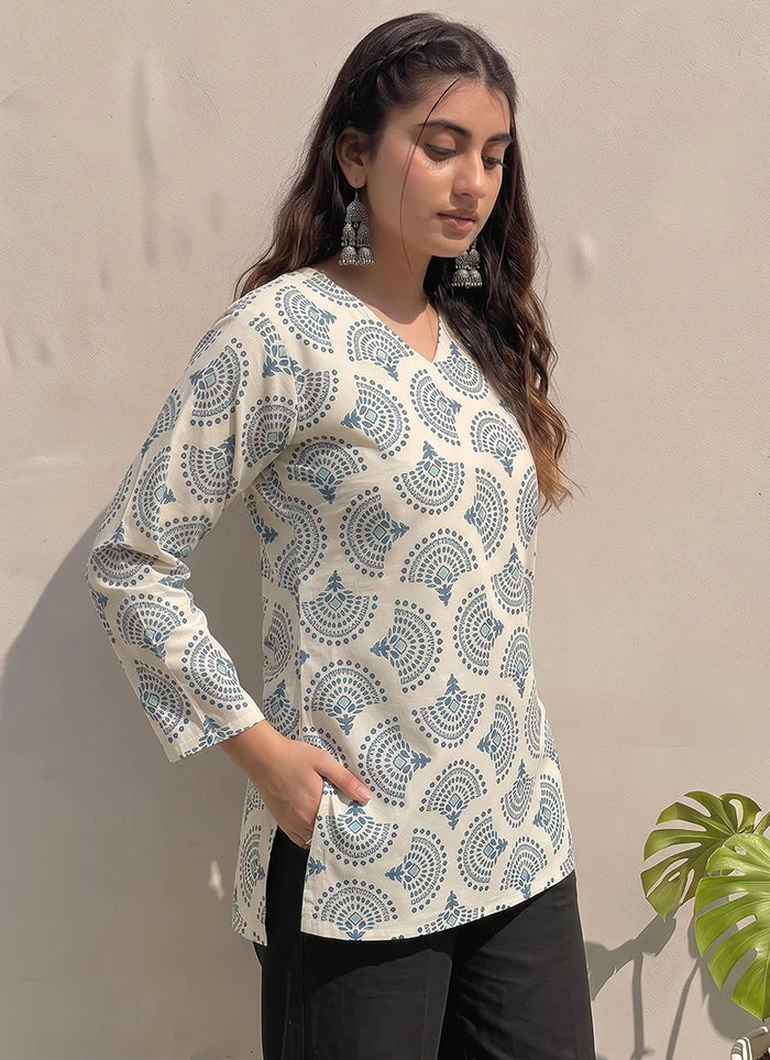 Off White Cotton Printed Office Wear Kurti