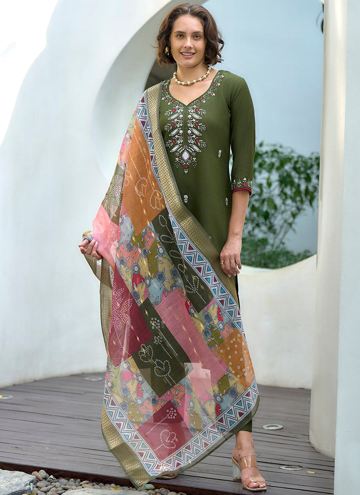 Embroidered Green Kurta With Trouser And Dupatta