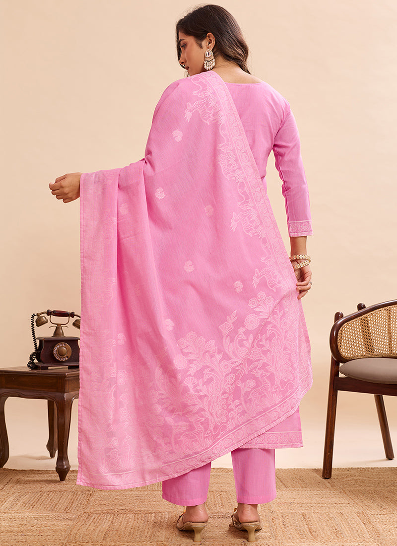 Candy Pink Pure Cotton Jacquard Kurta Set
