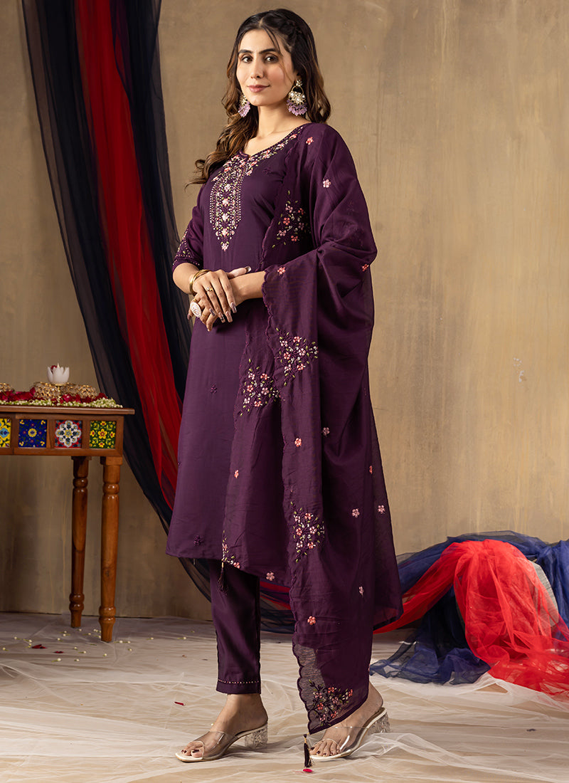 Wine Thread Embroidered Roman Silk Kurta Set