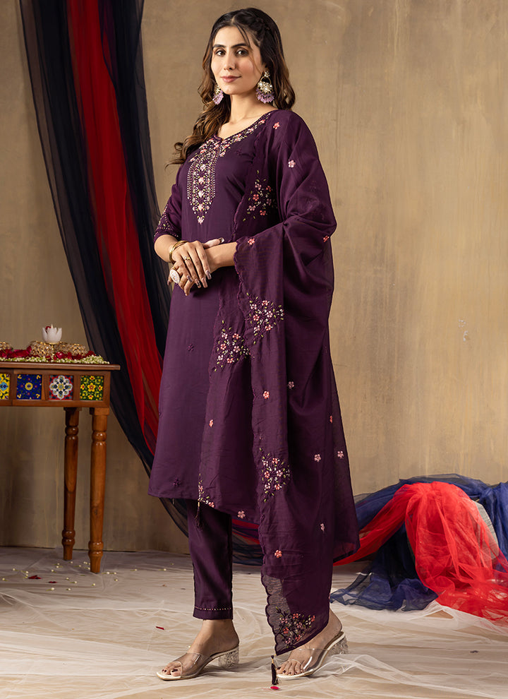 Wine Thread Embroidered Roman Silk Kurta Set