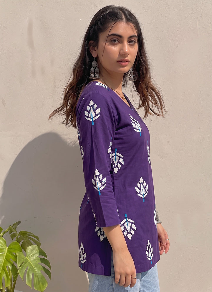 Purple Cotton Printed V Neck OutWear Kurti