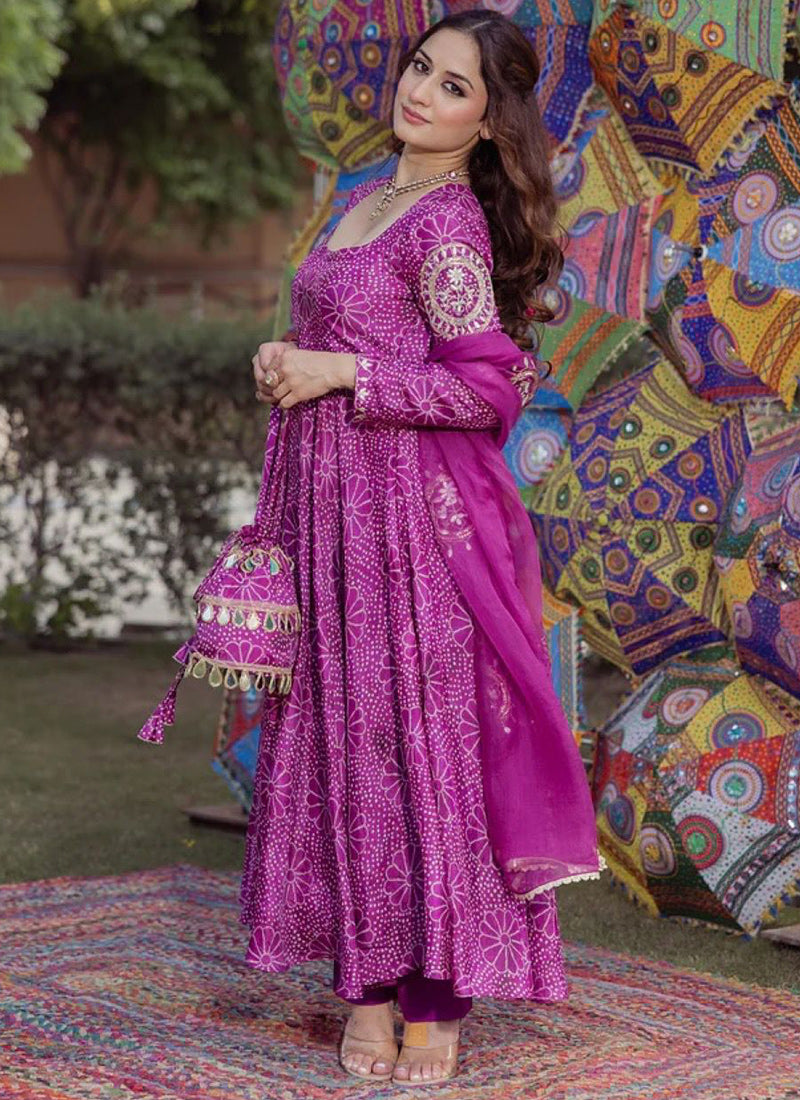 Purple Chinon Digital Printed Anarkali Style Kurta Set