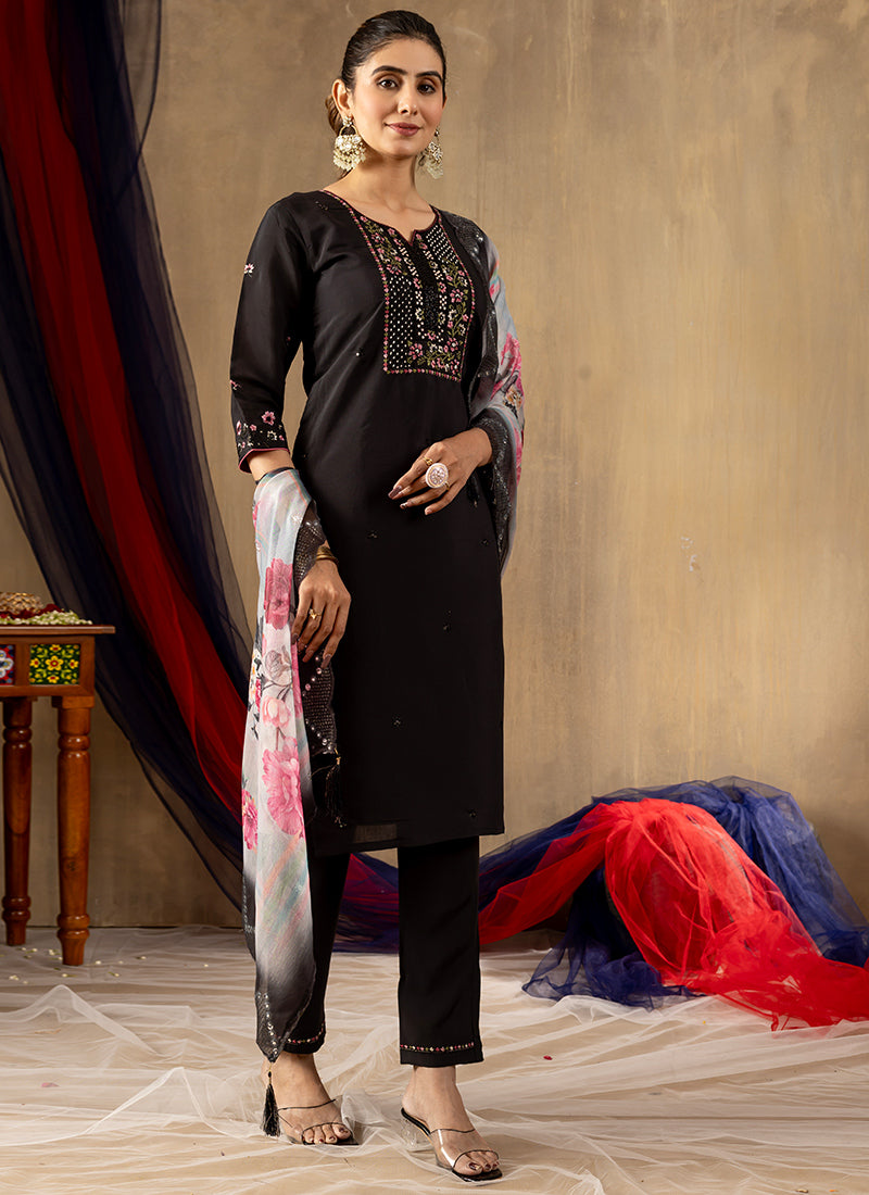 Black Roman Silk Thread Work Salwar Set For Festive