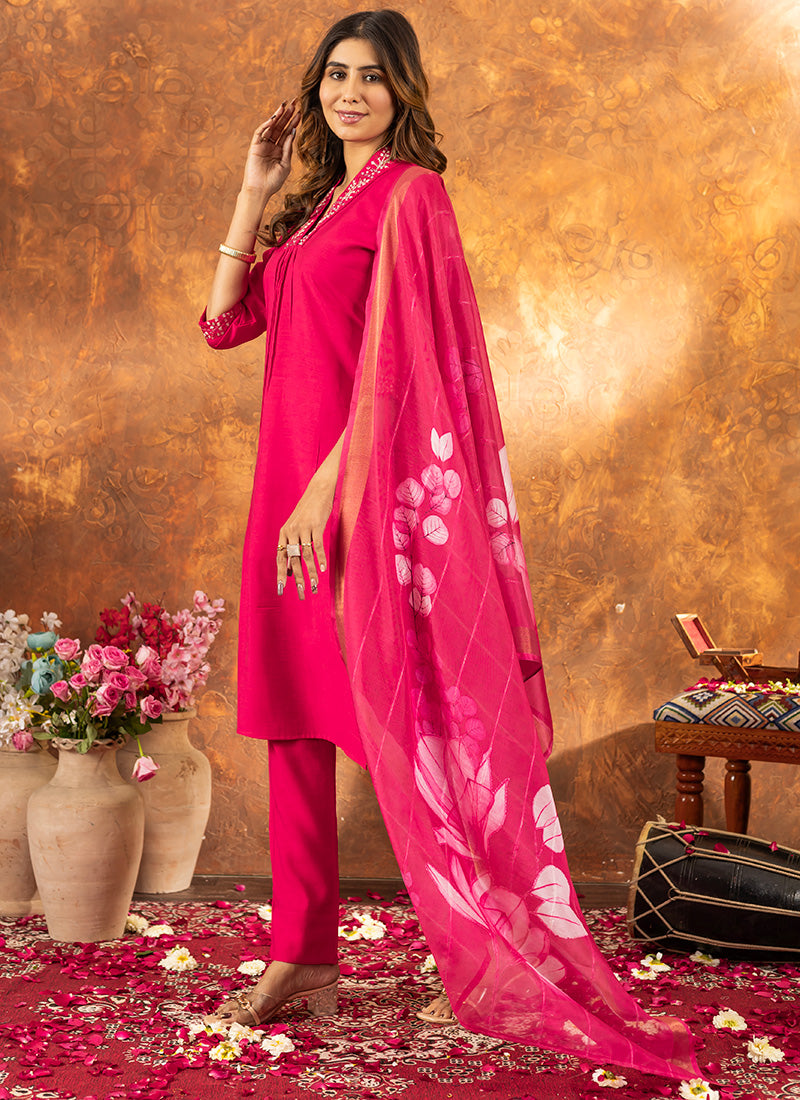Fuchsia Roman Silk Embroidered Kurta Set For Ceremonial