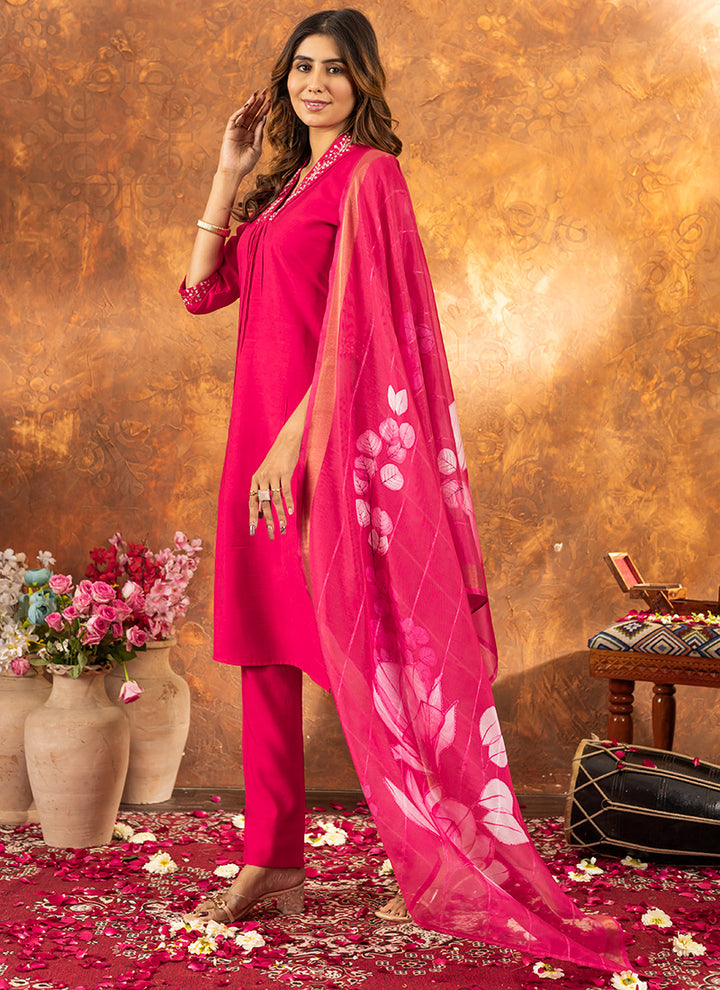 Fuchsia Roman Silk Embroidered Kurta Set For Ceremonial