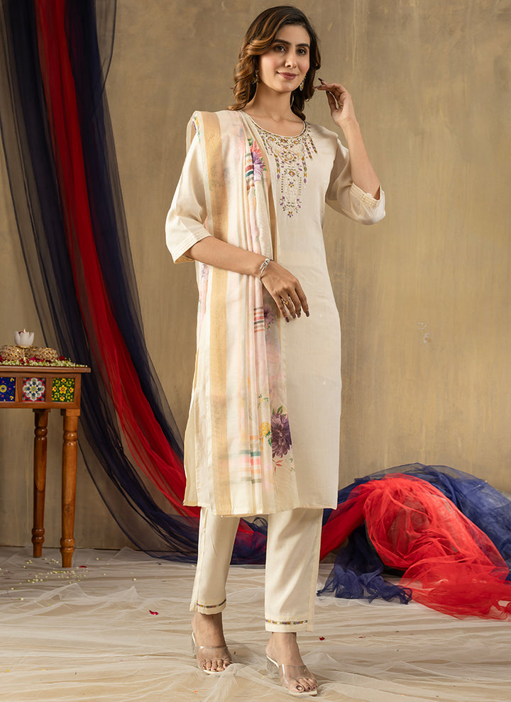 Off White Shimmer Silk Festive Wear Kurta Set