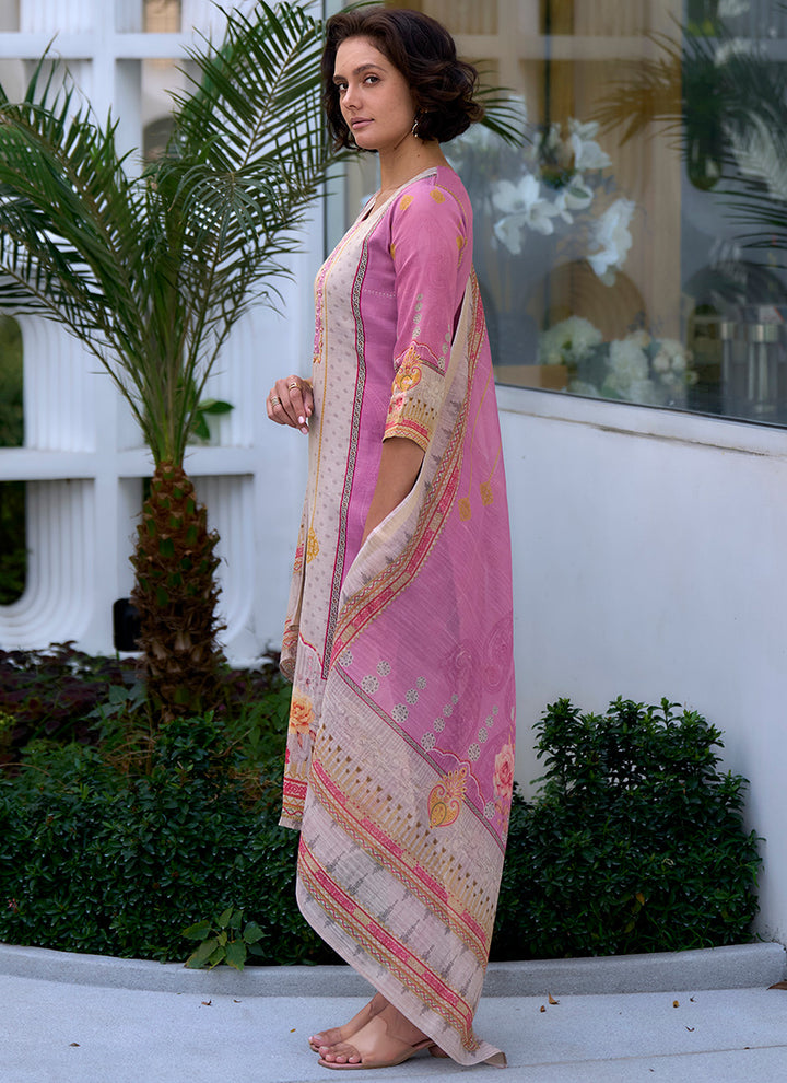 Grey And Pink Printed Silk Blend Festive Wear Kurta Set