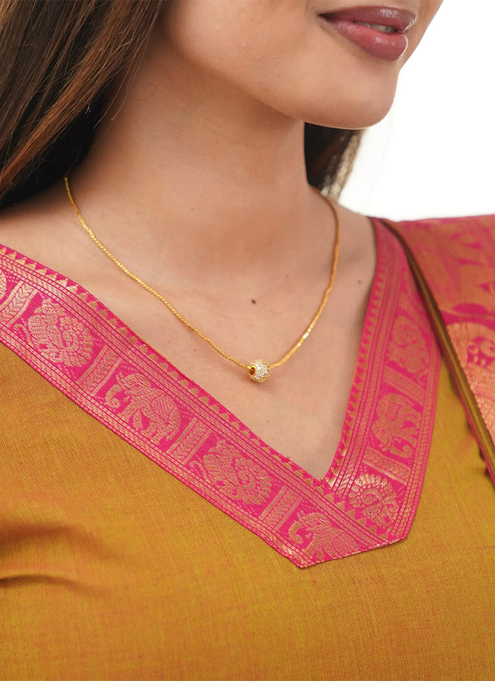 Mustard Kanchi Cotton Woven V-Neck Casual Kurta And Dupatta