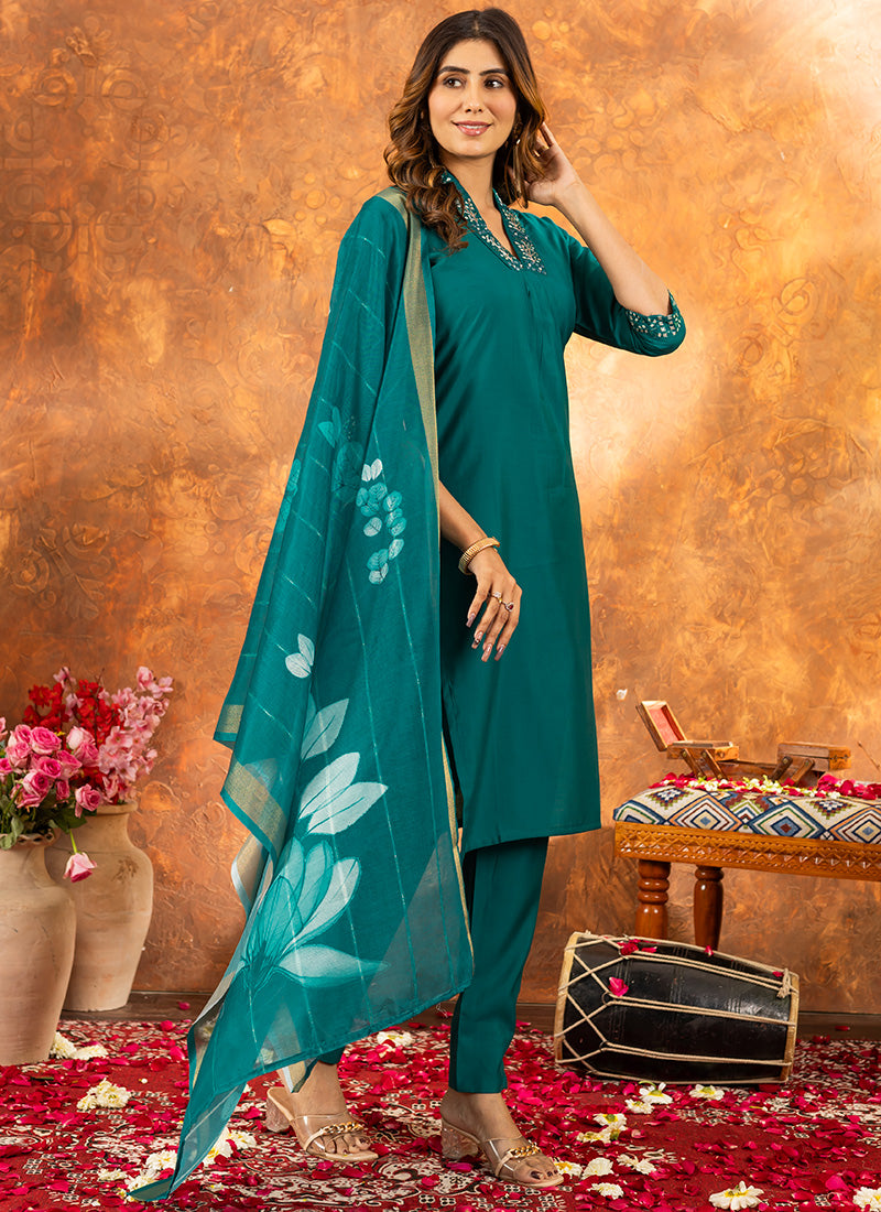 Rama Green Roman Silk Embroidered Kurta Set