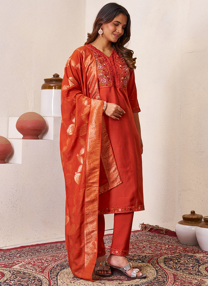 Rust Roman Silk Embroidered Festive Kurta Set