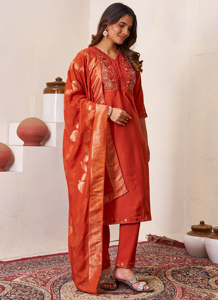 Rust Roman Silk Embroidered Festive Kurta Set