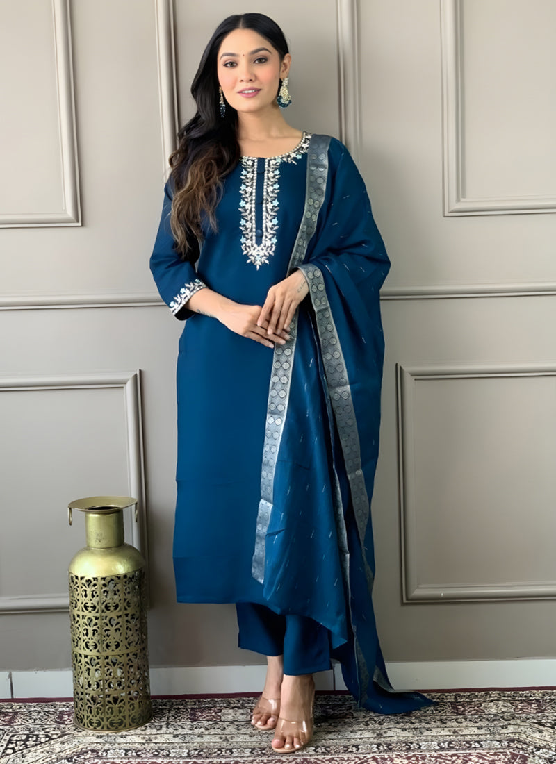 Peacock Blue Rayon Slub Embroidered Festive Kurta Set
